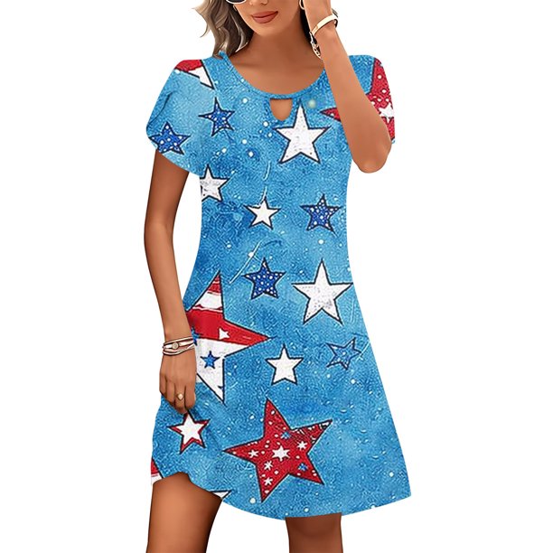 Puntoco Vestido De Cuello Redondo De Manga Corta Suelto Informal Estampado Del Día De La Independencia De Verano Para Mujer Azul Cielo L,Regalos Para Mujer Joven