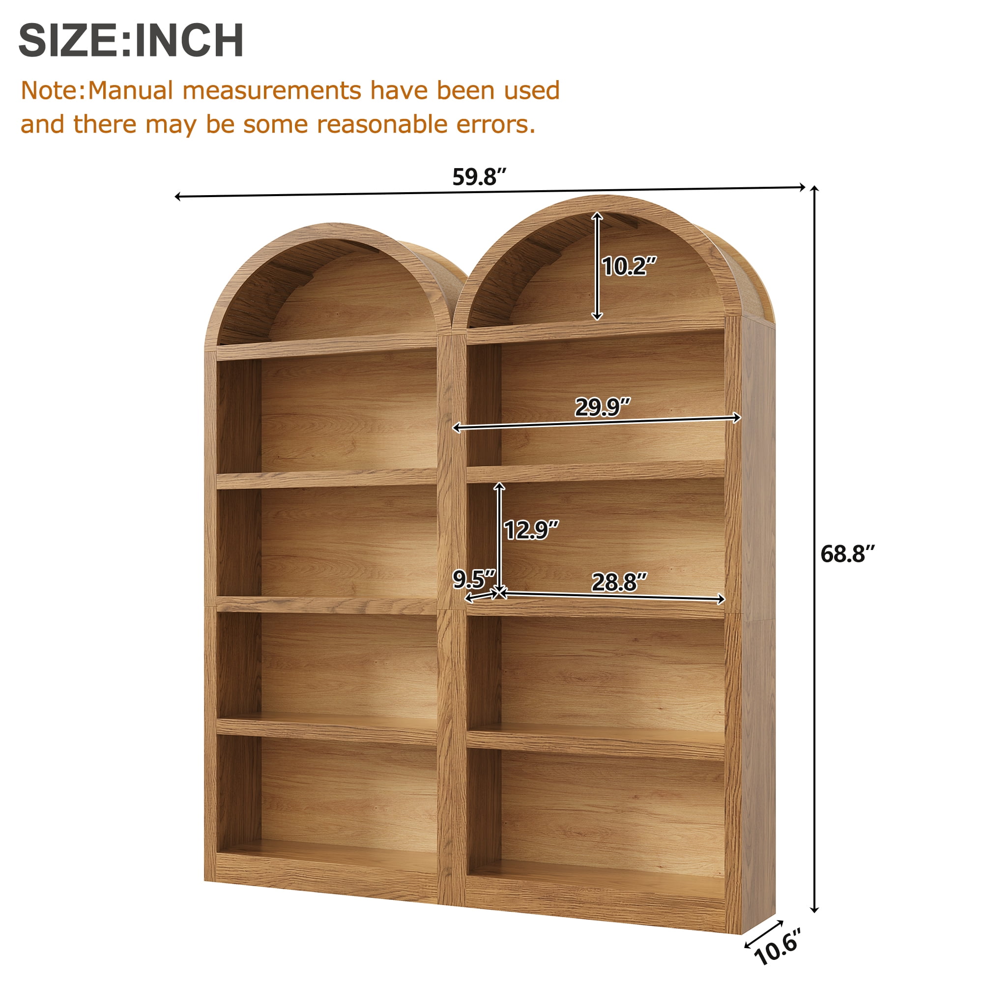 Homy Casa 69" Tall Arched Bookcase Set of 2, Wood Grain 4-Shelf Display Bookshelves, Natural