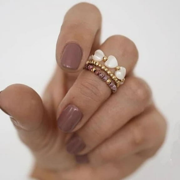 Boho Beaded Stretch Ring Set, Stackable Rings with Heart Shape Shell and Rhodochrosite Beads - Shanali Jewelry