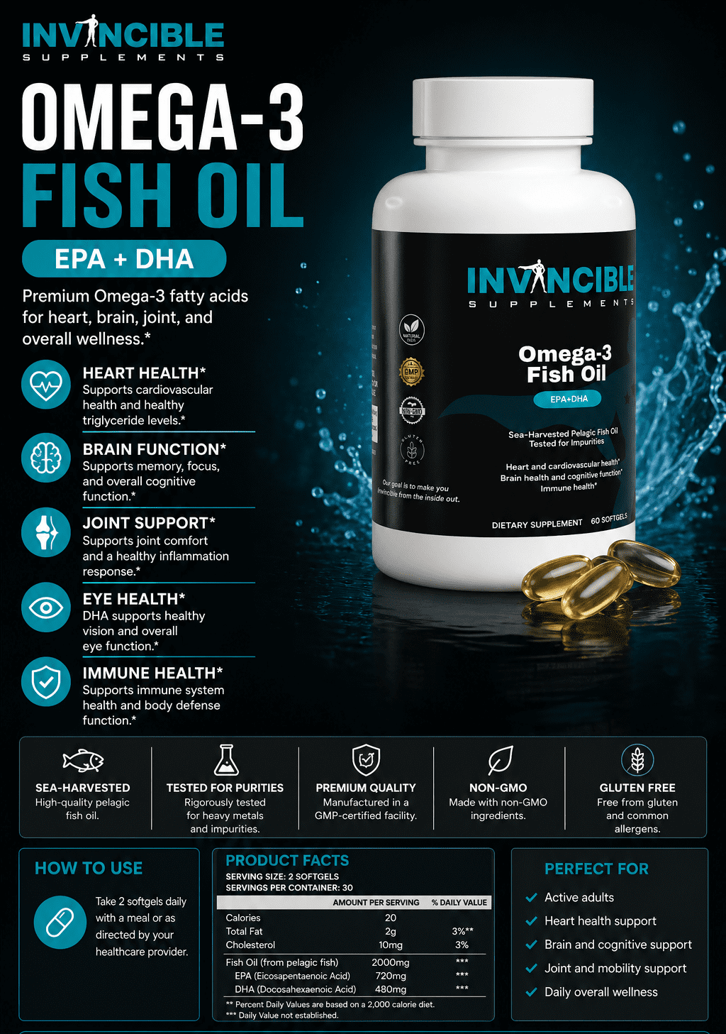 Invincible Supplements Omega-3 Fish Oil Softgels - 432 mg EPA / 288 mg DHA per Serving - Supports Heart Health, Brain & Vision- 60 Ct