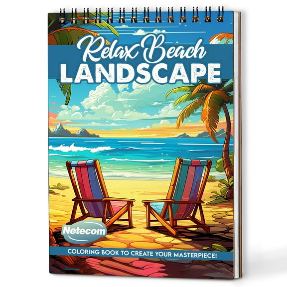 Netecom Relax Beach Landscape Coloring Book Spiral Bound for All Ages, A5 Wooden Cover, 30 Relaxing Coloring Pages of Beach Vistas for Serene for Stress Relief and Relaxation