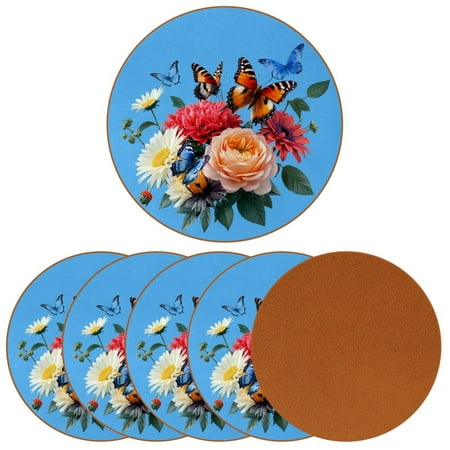 

YZUOUZY Home Decor Coaster 6 Pack Round Custom Coasters Wild Flowers Hyacinths Butterfly Roses