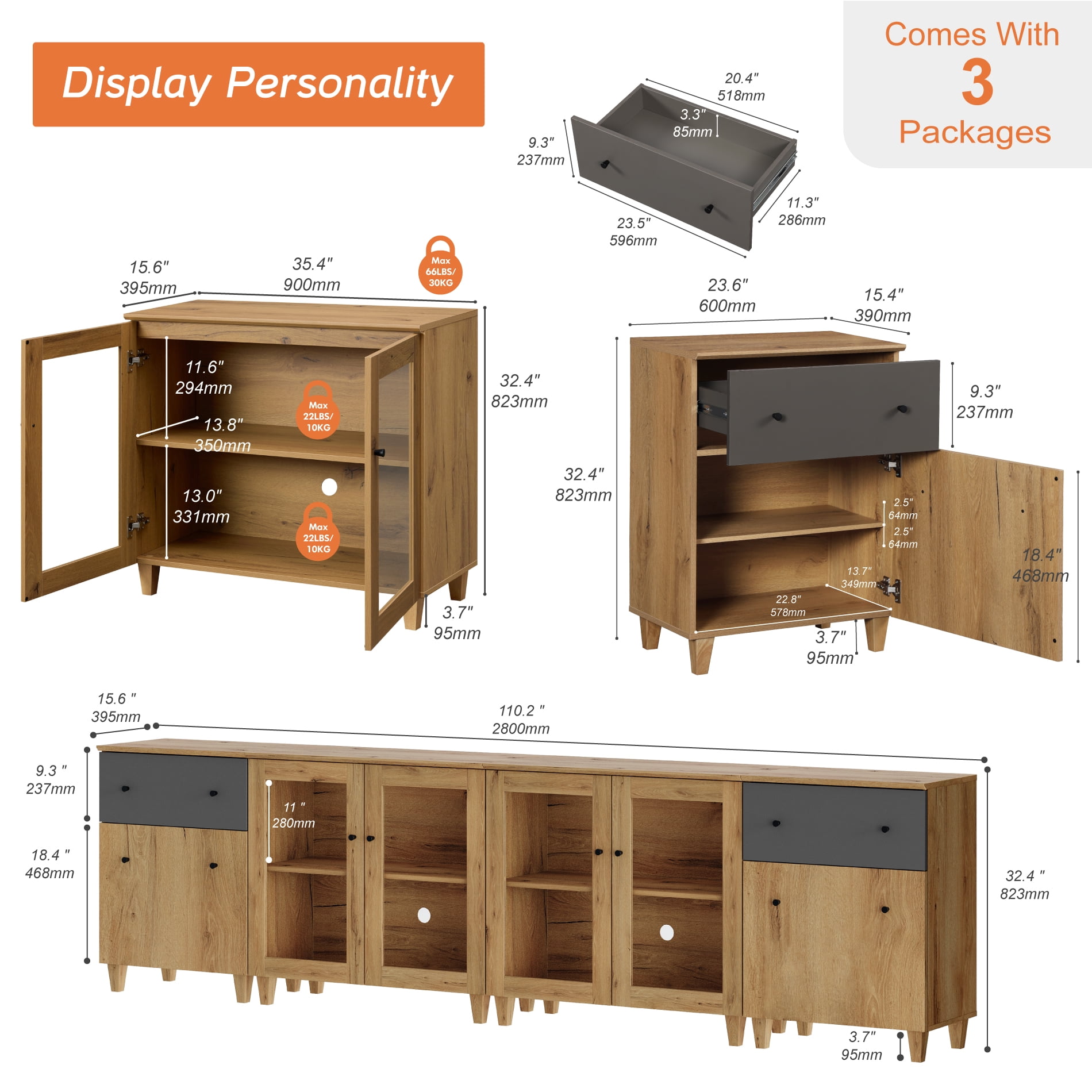 Modular Buffet Cabinet Sideboard With Glass Doors, Drawers, Adjustable Shelves and Cable Management For Kitchen Dining Room, 118" W, Brown Wood