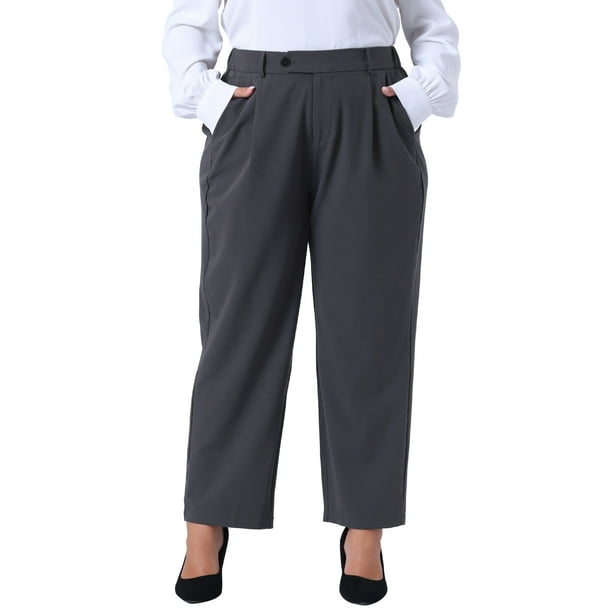 Conjuntos de trabajo de oficina para mujeres de talla grande Agnes Orinda, pantalones de negocios casuales rectos de cintura alta con bolsillo 2X gris