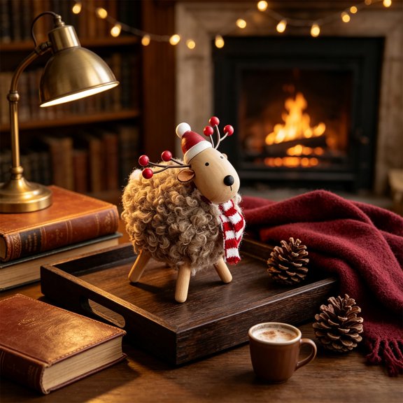 Edhome Christmas Wooden Sheep Figurine Festive Tabletop Window Display Shelf, A