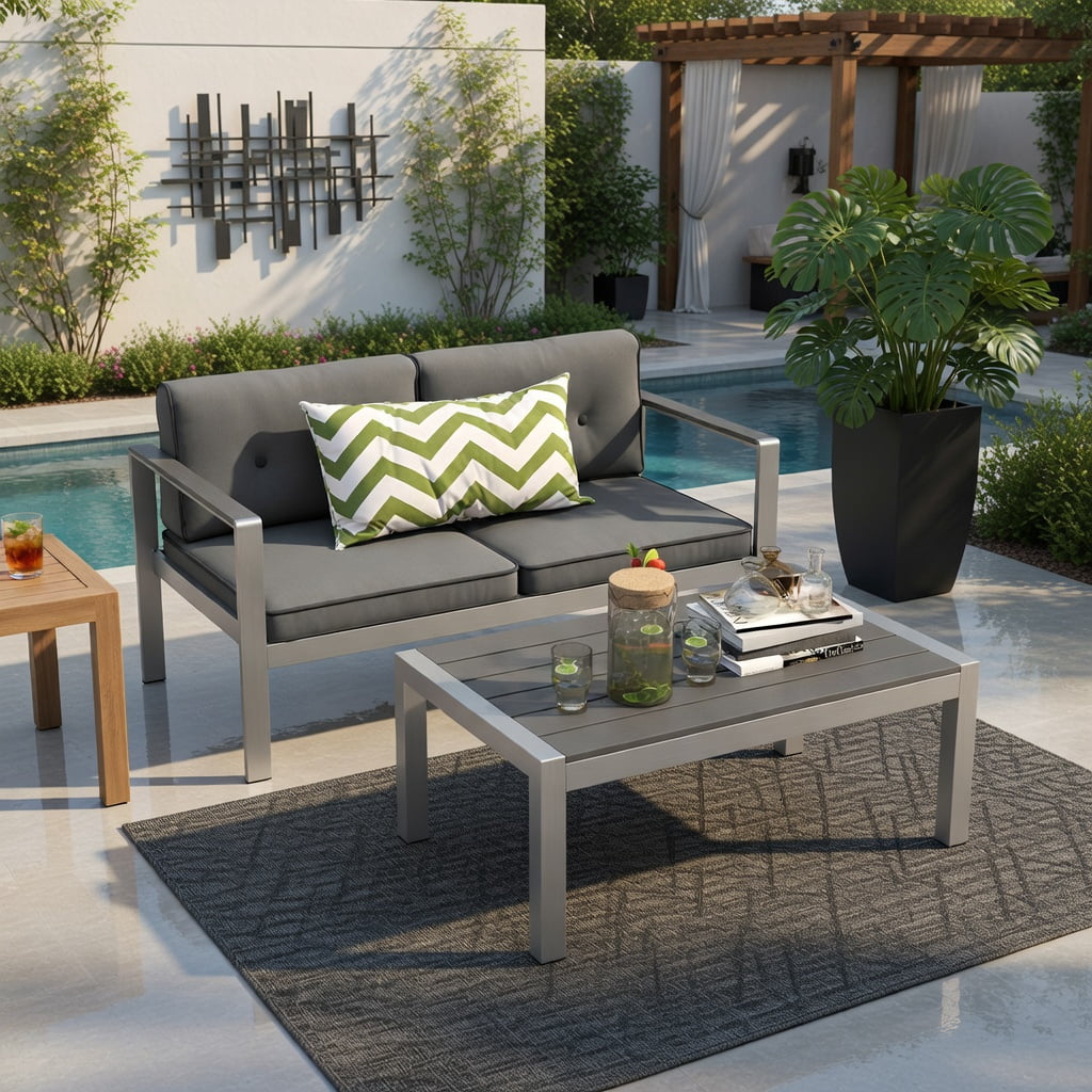 Hommoo Modern 2-Person Aluminum Outdoor Sofa Chair with WPC Armrests, Cushions & Silver Frame, All-Weather Balcony, Patio, Backyard Seating, Gray