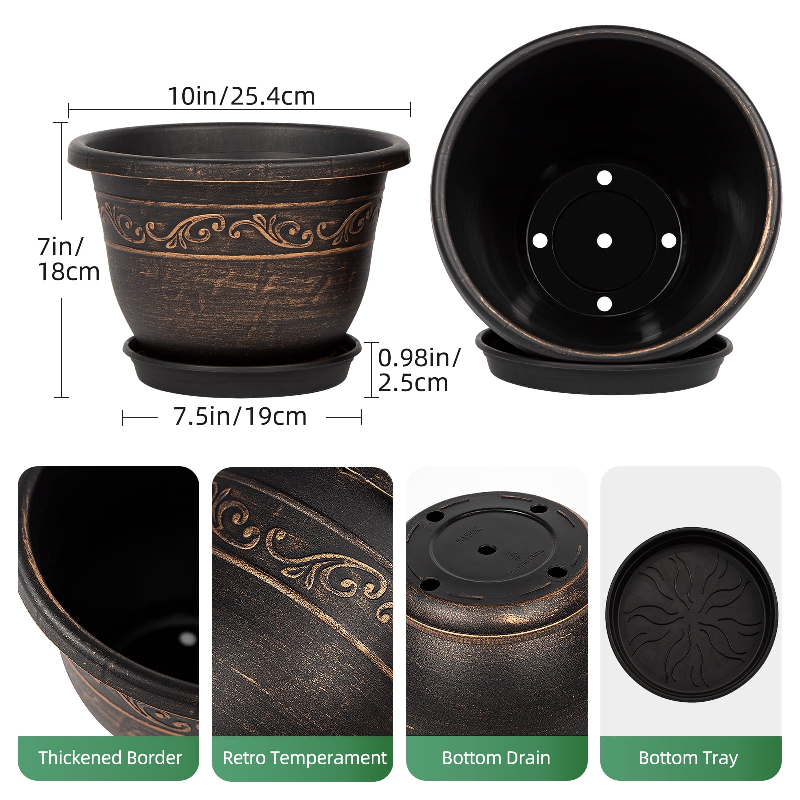 QCQHDU Plant Pots, 3 Packs 10 inch Planters with Drainage Hole Saucer, Plastic Flower Pots for Indoor Plants Retro Decorative for Outdoor Garden Container Sets(Gold-10 inch)