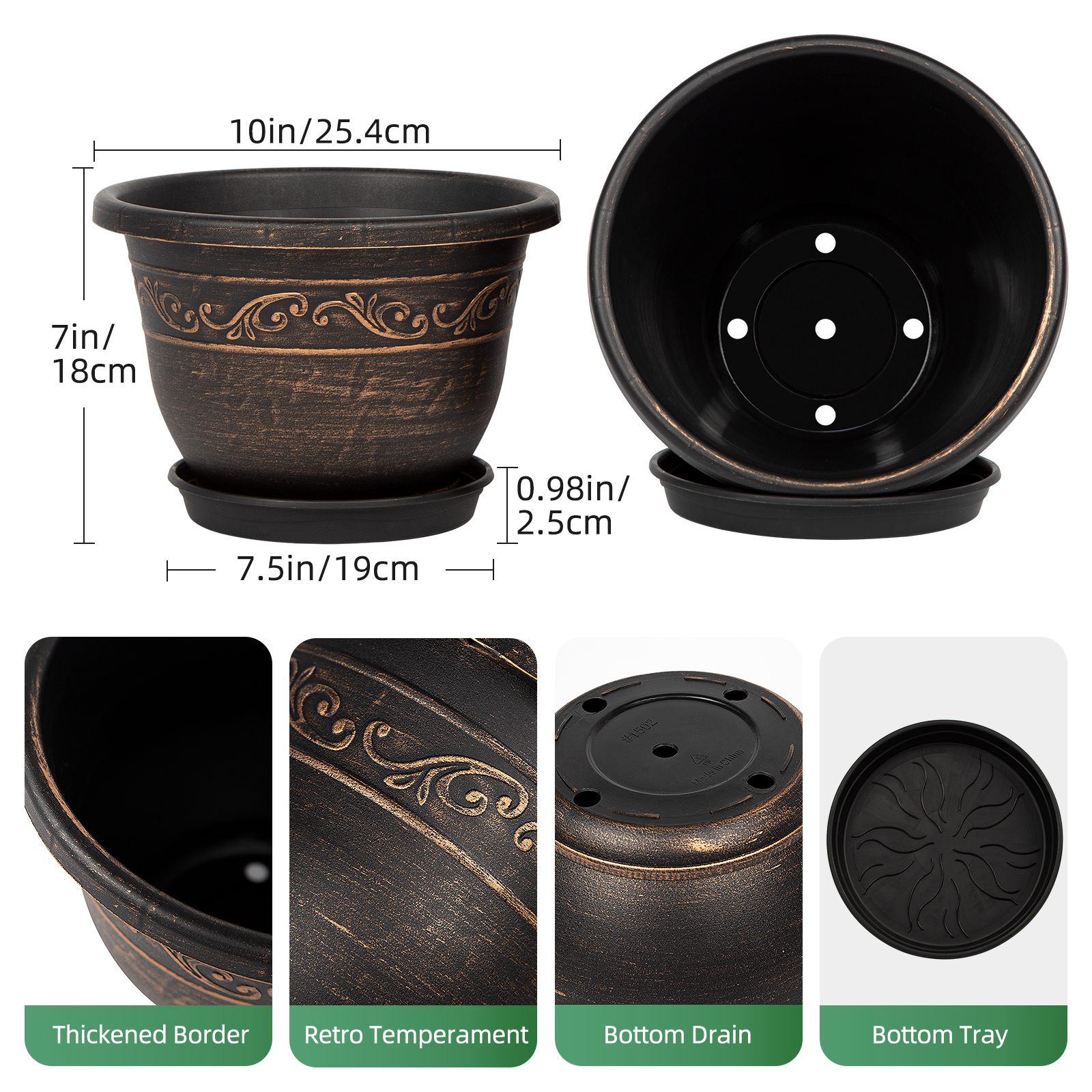 QCQHDU 3-Pack Retro Plastic Plant Pots with Saucers, 10-Inch photo 2