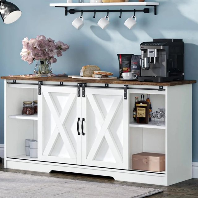 Coffee Bar Cabinet, 59" Sideboard Buffet Cabinet ,Sliding Barn Doors Black Buffet Serving Table Cupboard for Dinning Room My Lux Decor Round