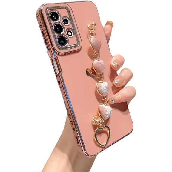 Samsung Galaxy A23 5g Phone Case with Cute Heart Bracelet Strap Luxury Plating Hearts Pattren Cover with Hearts Hand Chain for Women Camera Protection Shockproof Bumper for Galaxy A23 (Pink)