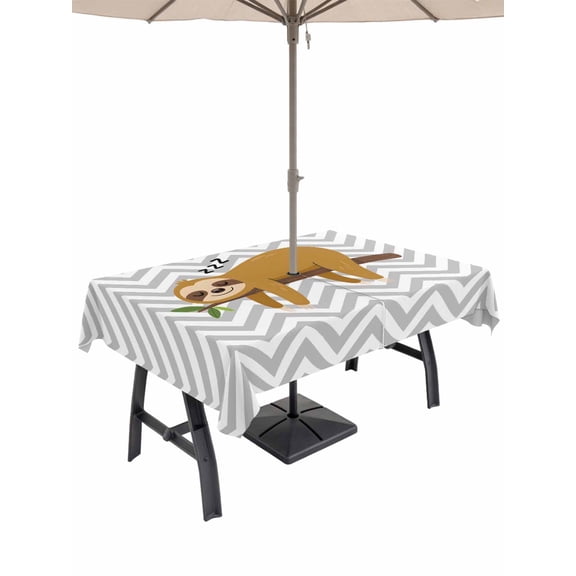 Outdoor Tablecloth with Umbrella Hole for Patio/Picnic/Party/Camping, Funny Sloth Waterproof Table Cloth Rectangle Table Cover Washable, Cute Watercolor Animals on Branch Grey Stripe (60"x 102")