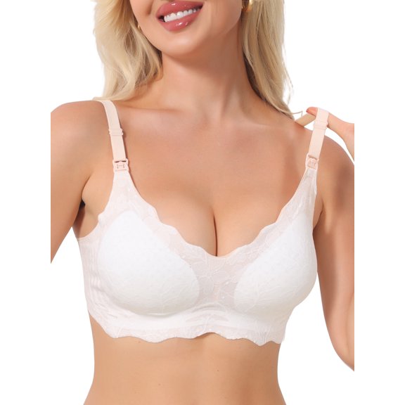 INSPIRE CHIC Lace Nursing Bra for Women Front Open Maternity Wireless Fixed Padded Full Coverage Breastfeeding Lingerie M White
