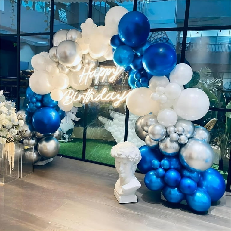 136pcs Balloon Garland Kit, Royal Blue Silver White Confetti