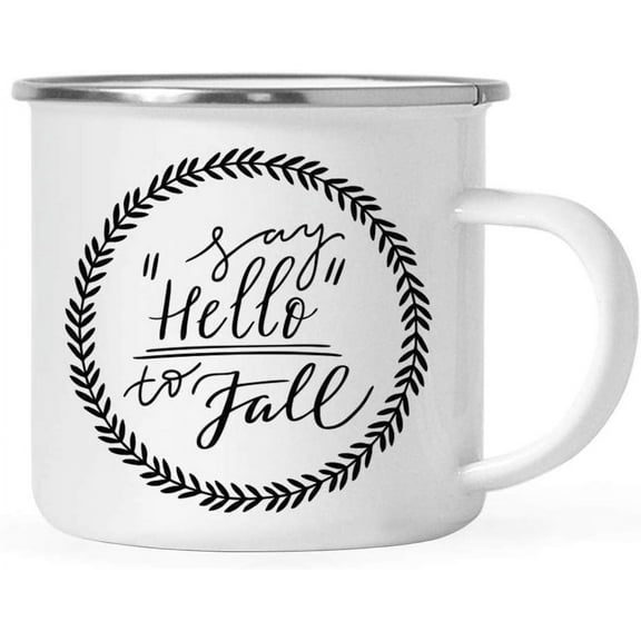 Koyal Wholesale Fall Autumn Season Stainless Steel Campfire Coffee Mug , Say Hello to Fall, Laurel Leaves Wreath, 1-Pack