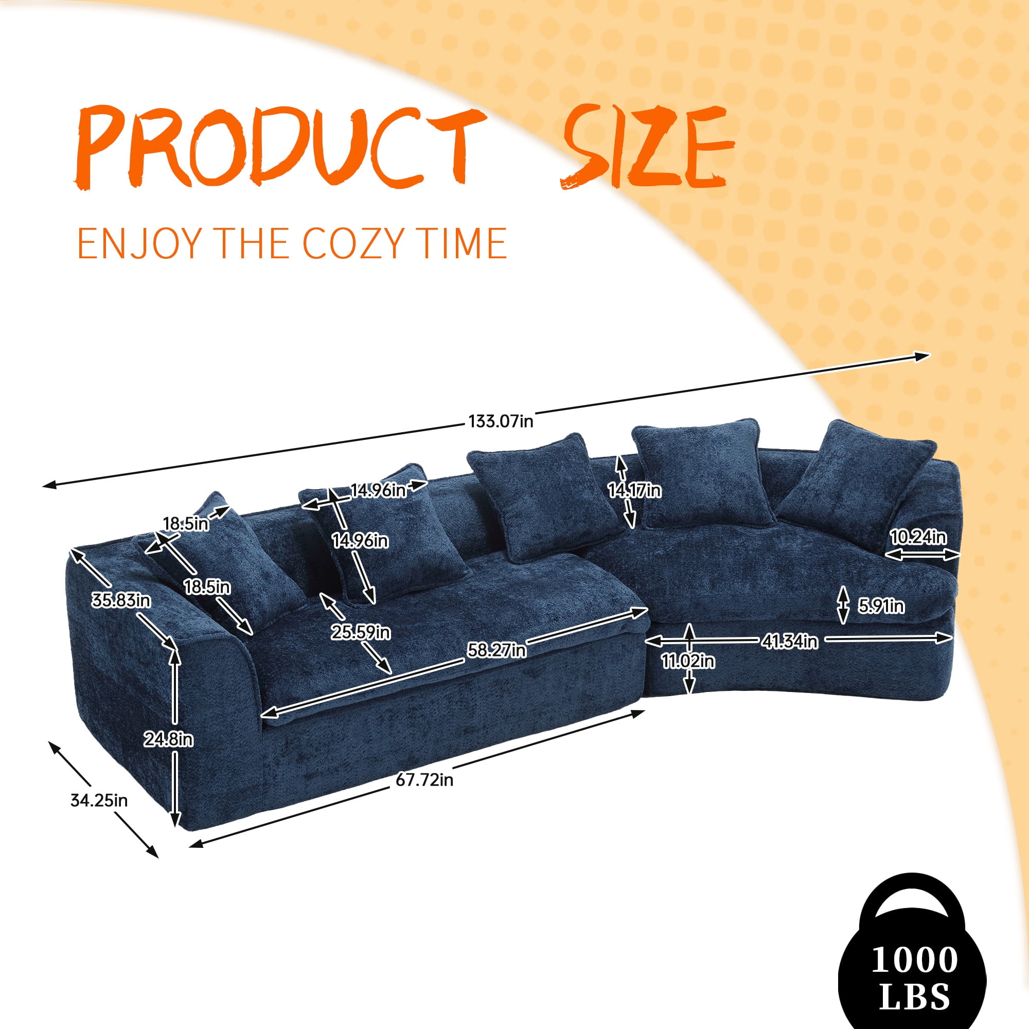 MOONMISS Boucle Upholstered Oversized 3 Seater Comfy Sofa with Unique Double Seat and Corner Construction-Navy Blue