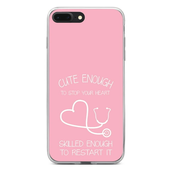 DistinctInk Clear Shockproof Hybrid Case for iPhone 7 PLUS / 8 PLUS (5.5" Screen) - TPU Bumper, Acrylic Back, Tempered Glass Screen Protector - Pink Nurse Stethoscope Heart - Support for Nurses