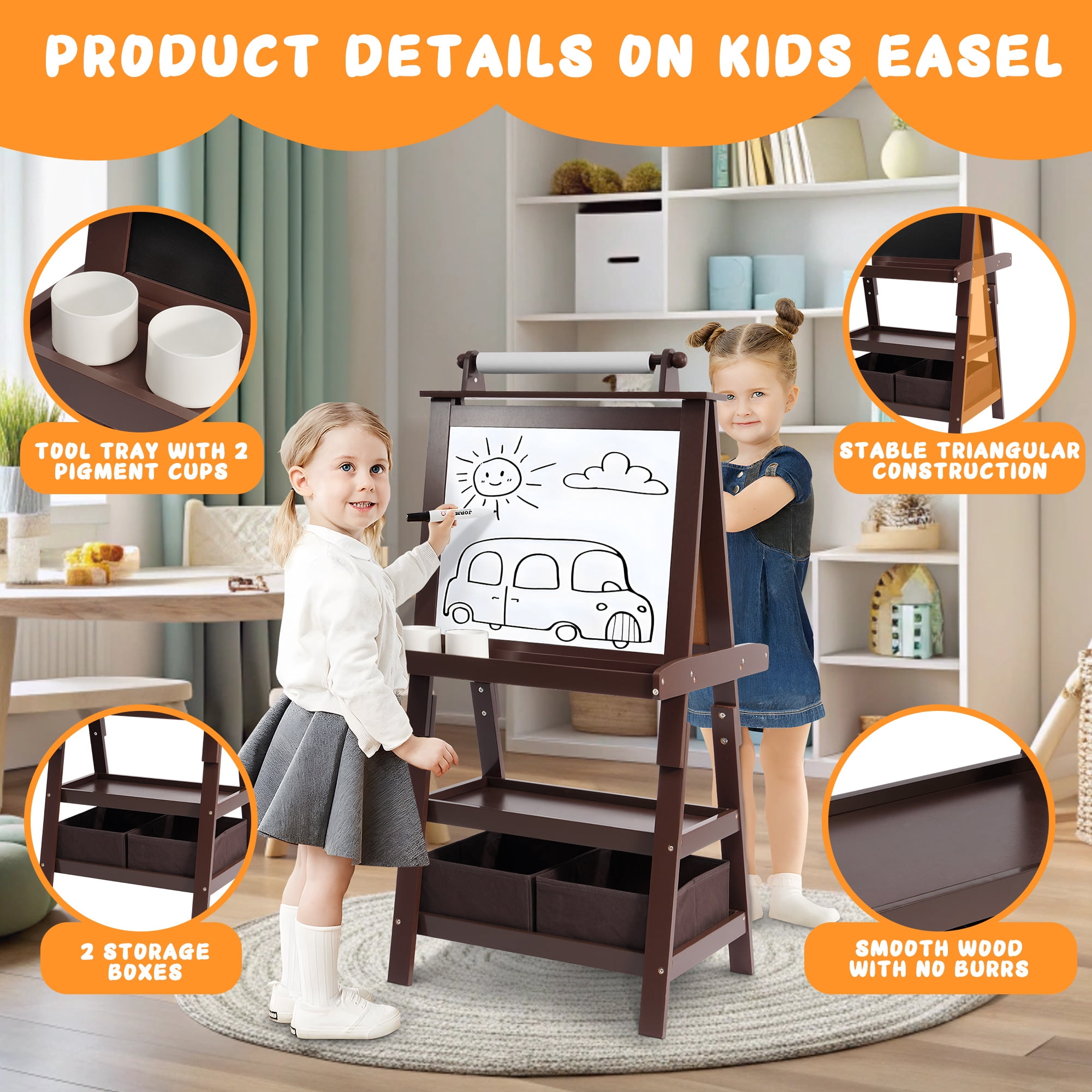 BalanceFrom 3 in 1 Kid Art Easel, Double-Sided Wooden Easel Chalkboard, Magnetic Whiteboard & Paper Roll, Standing Easel w/ 2-Tier Rack & 2 Storage Boxes, Children Easel for Kid, Boys, Girls, Coffee