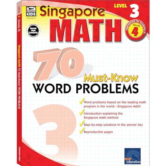 Pre-Owned Singapore Math – 70 Must-Know Word Problems Workbook for 4th Grade Math, Paperback, Ages 9–10 with Answer Key (Volume 2)