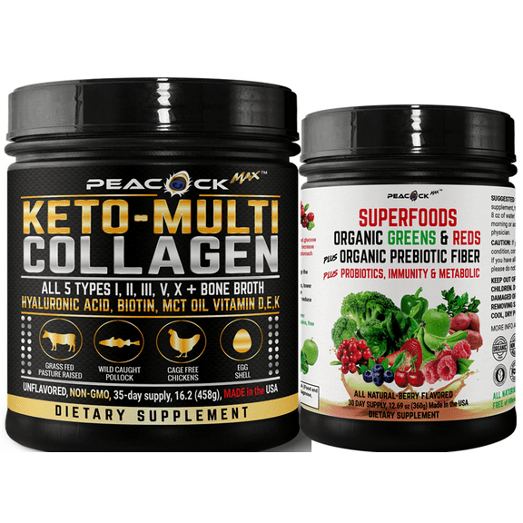 Peacock Max Collagen Peptides, Bone Broth, MCT Powder, Berry, 2 Count