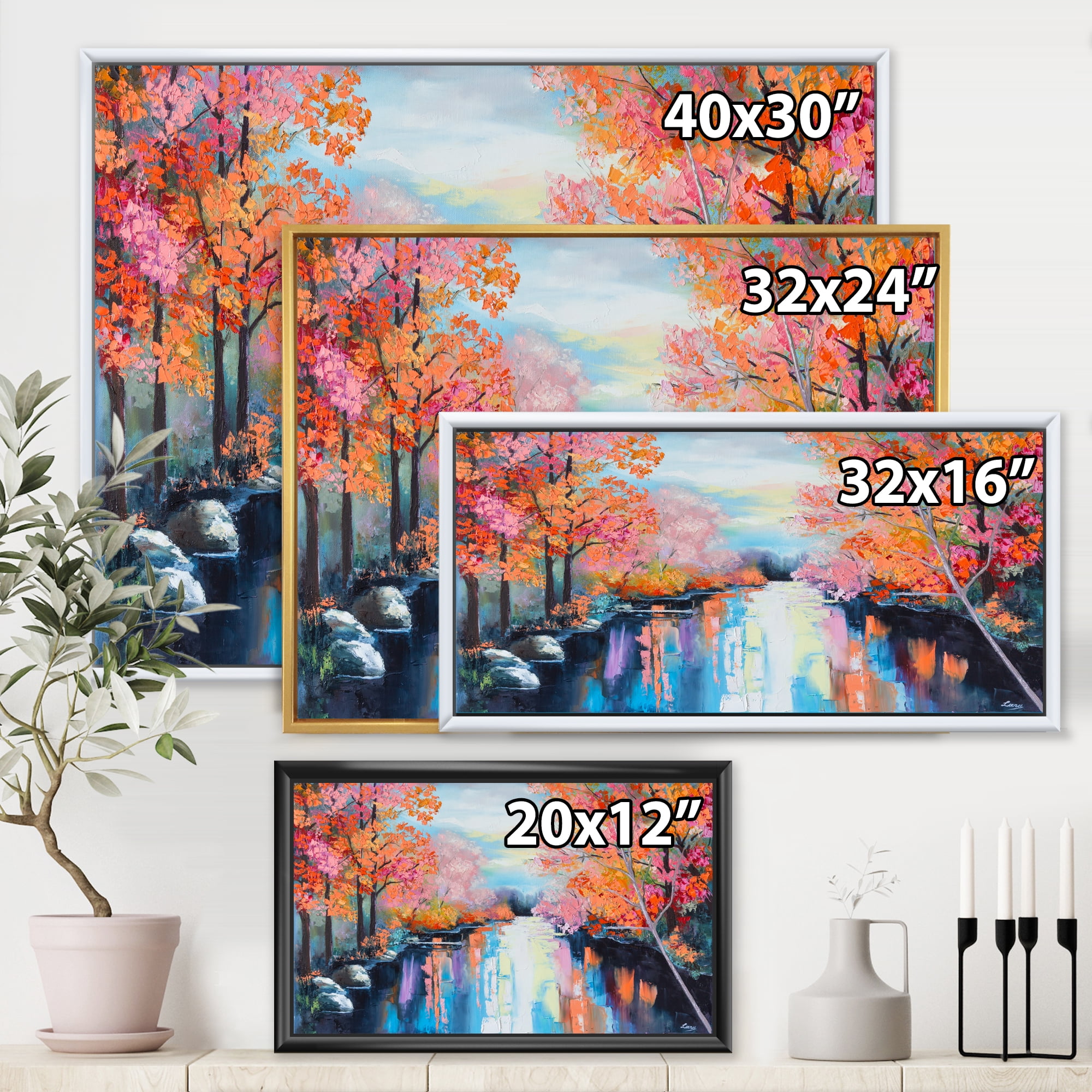 Designart 'The River Through Orange Autumn Forest' Lake House Framed Canvas Wall Art Print