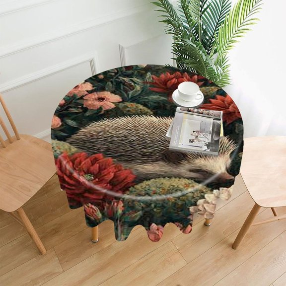 RKSupls 60 Inch Round Tablecloth, Hedgehog Dahlia Garden Premium Polyester Straight Edge Wrinkle Resistant Washable Table Cover for Party Home Dining Decor