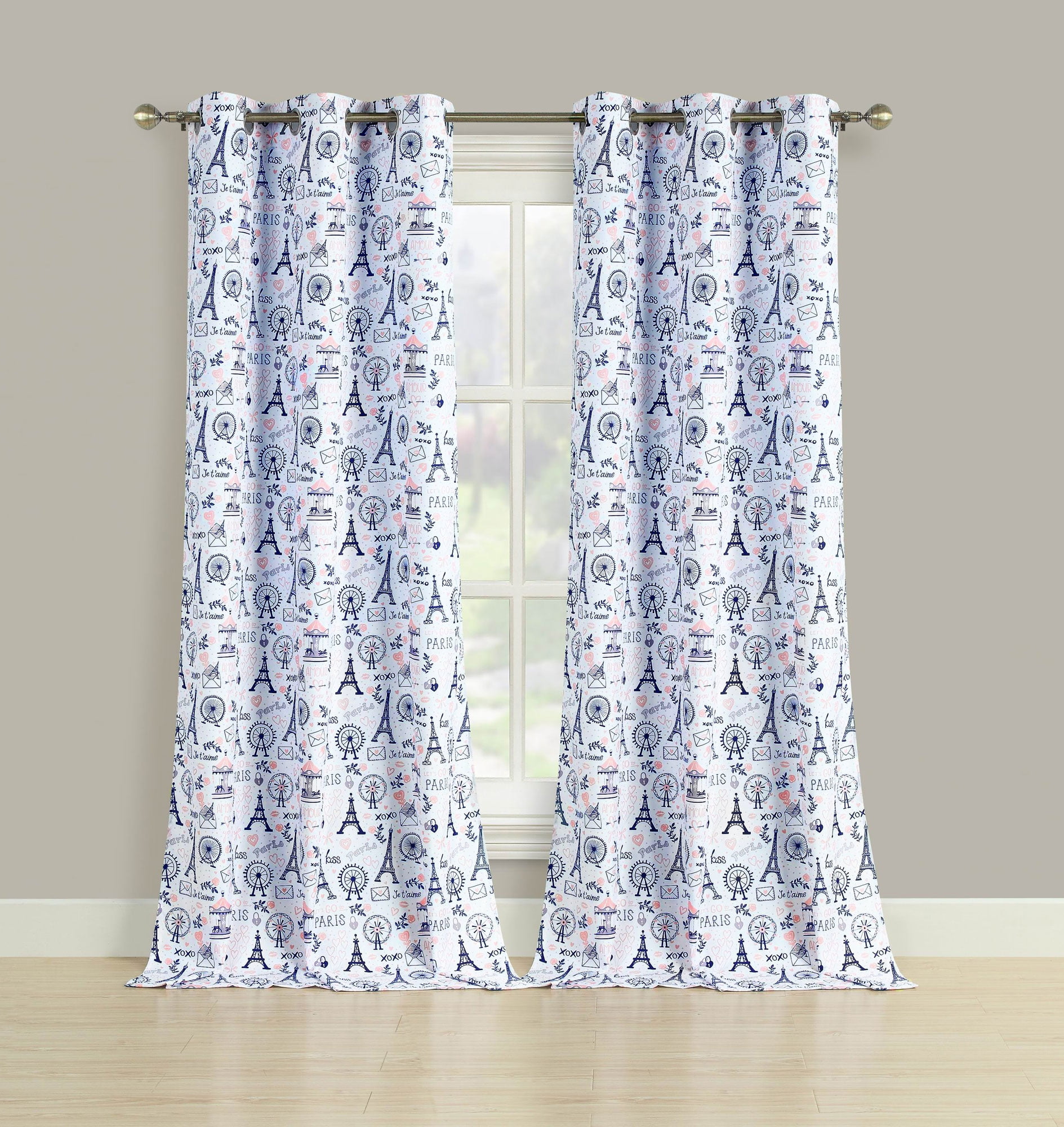 2 Room Darkening Window Curtains Pink And Navy Blue Paris Eiffel