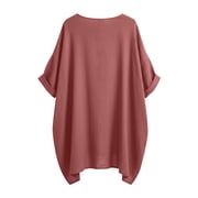 VEKDONE Womens 3/4 Sleeve Cotton Tops Solid Color Loose Fit Gauze Shirts with Pockets Casual Crewneck Lightweight Tops Fashion Tunic Blouses for Daily Red XXL