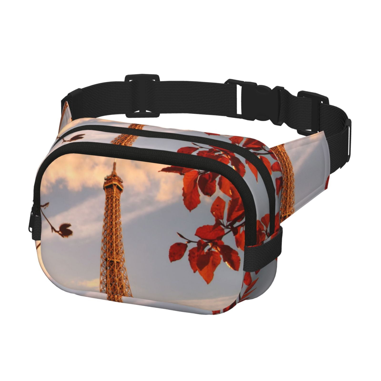 Picia Eiffel Tower Print Square Double-Layer Waist Bag Mini Adjustable Waist Belt Bag Exercise Running Travel Hiking