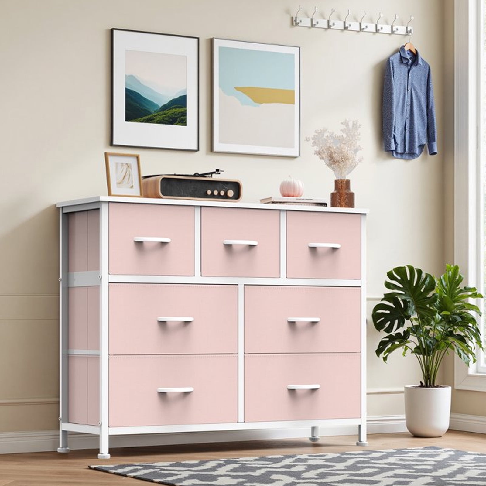 Nextay 7-Drawer Fabric Dresser TV Stand for 45" TV, Storage Dresser Closet with Steel Frame & Wooden Top for Living Room, Dressing Room, Entryway, Pink