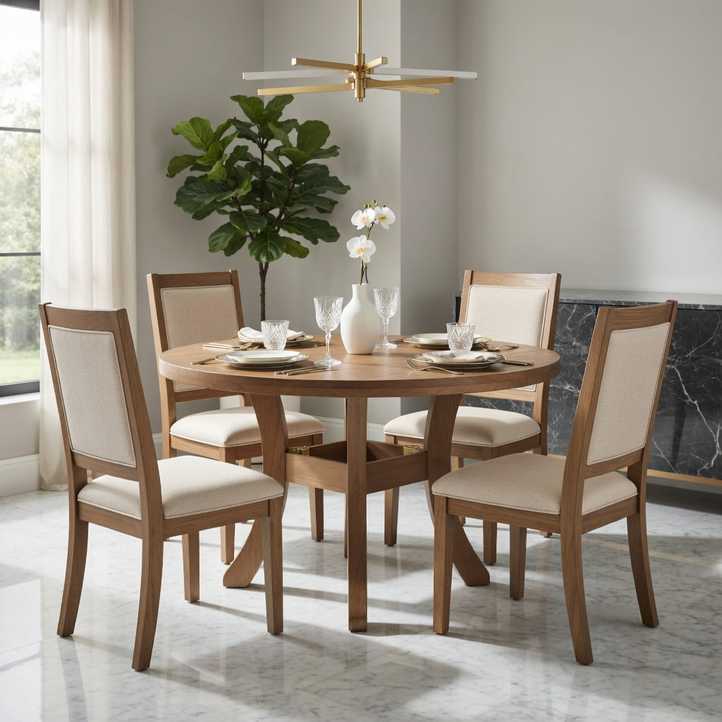 Hommoo Solid Wood Round Dining Table 47 Inch, Farmhouse Kitchen Table with Curved Splayed Legs for 4-6 People, Natural