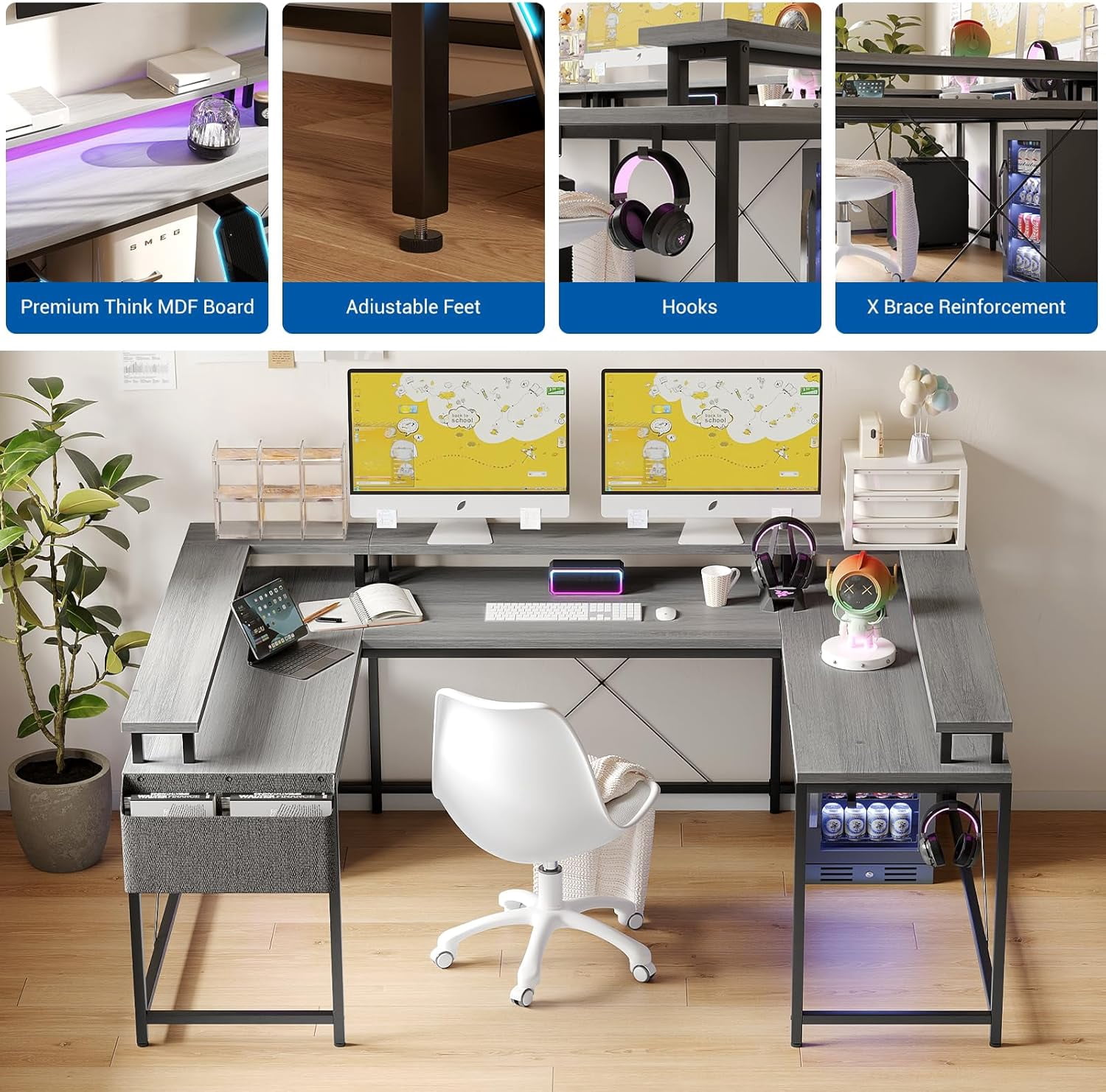 U Shaped Home Office Desk, Reversible L Shaped Gaming Computer Desk With Power Outlets,126 Inch Computer Desk With Monitor Stand and LED Lights,Storage Shelves,Storage Bag and Hooks（Grey Oak）