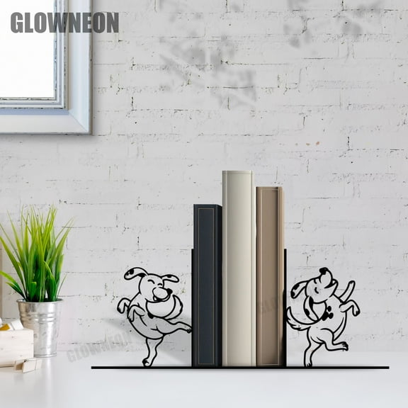 GLOWNEON Dog Metal Bookend, Decorative Book Holder for Shelves or Office Table, Gift for Dog Fans