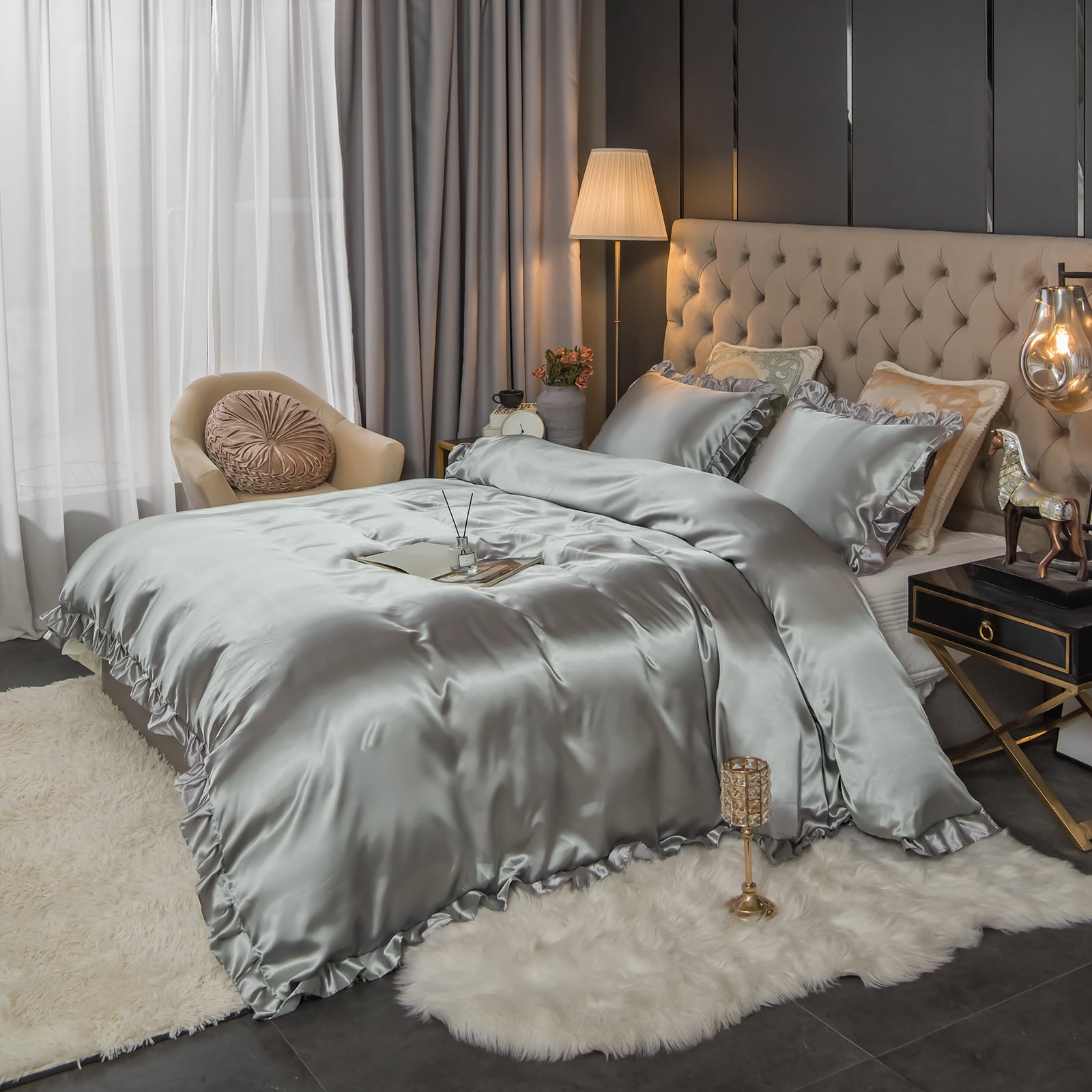 Move Over Light Gray Ruffle Comforter Set King Satin Bedding Set Gray Ruffle Design Solid Filling