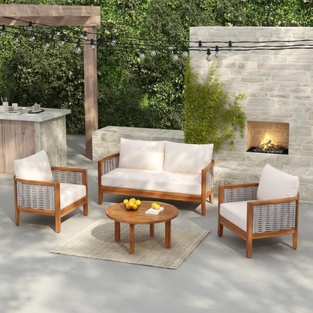 FFZ 4-Piece Acacia Wood Outdoor Tub Sofa Set with Woven Rope and Cushions Teak+ Beige
