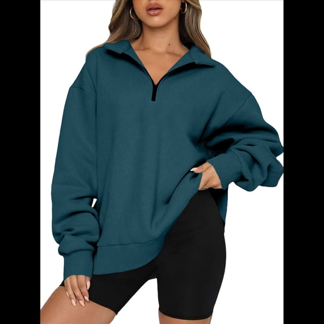 Sudadera de Entrenamiento de con Media Cremallera para Mujer, de Gran Tamaño, de Larga, Color Liso, con Hombros Caídos. Verde Oscuro XXL