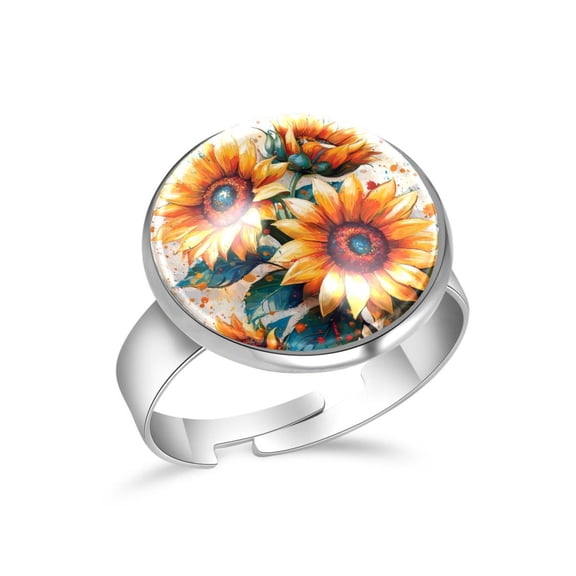 PhooArto Splash Sunflowers Pattern Stainless Steel Rings for Women, Open Adjustable Ring Promise Ring Jewelry Gifts