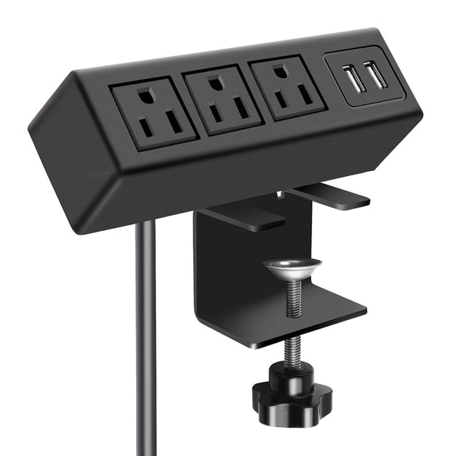 Regleta de alimentación con abrazadera de escritorio de 3 salidas con puertos USB, estación de energía de carga USB para montaje en escritorio, toma de corriente de borde de 3 pies 125V 12A 1500W