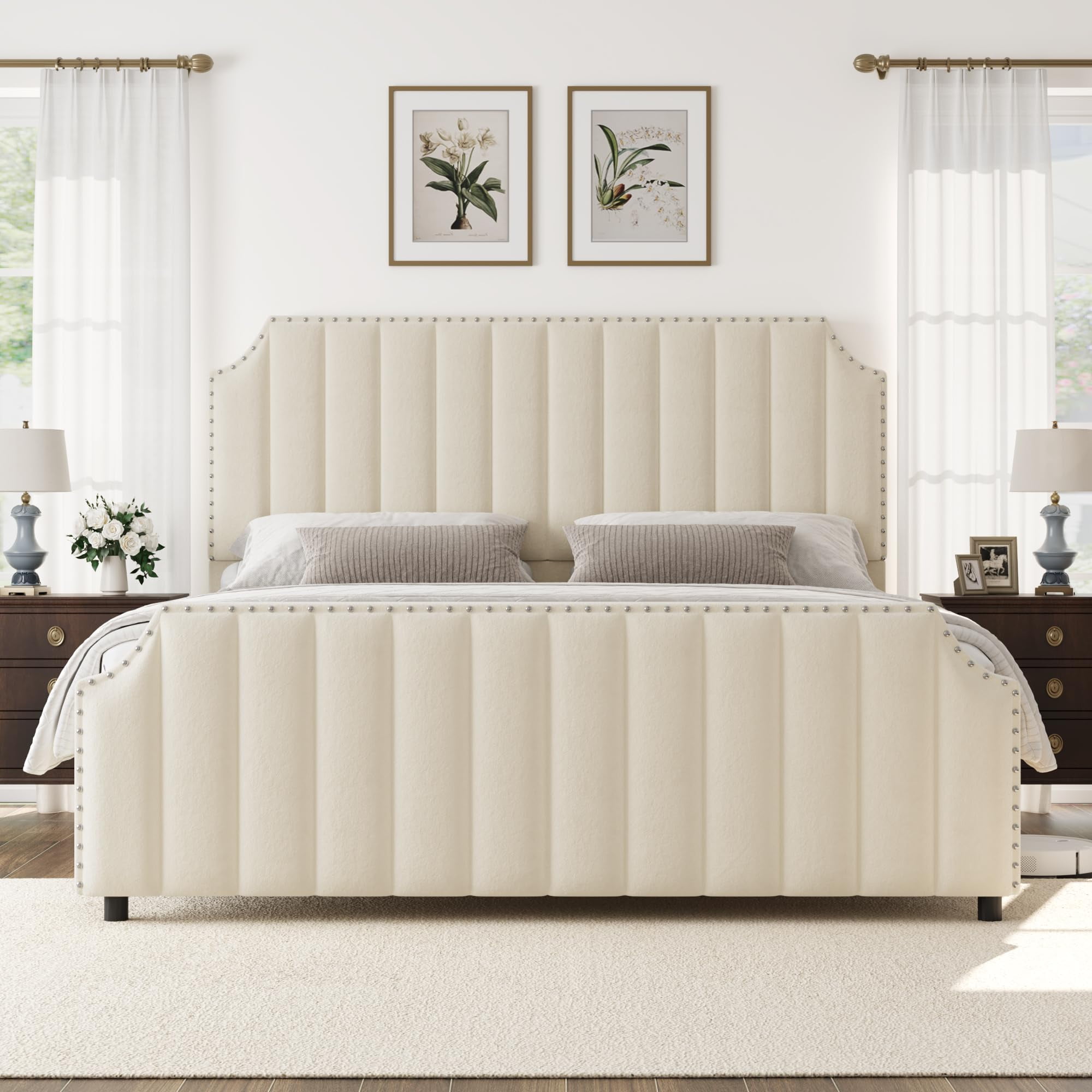 Ataucjin Queen Size Platform Bed Frame with 50.2" Headboard & Footboard,Velvet Upholstered Bed Frame Queen with Vertical Channel Tufted Headboard & Footboard,Nailhead Trim,No Box Spring Needed