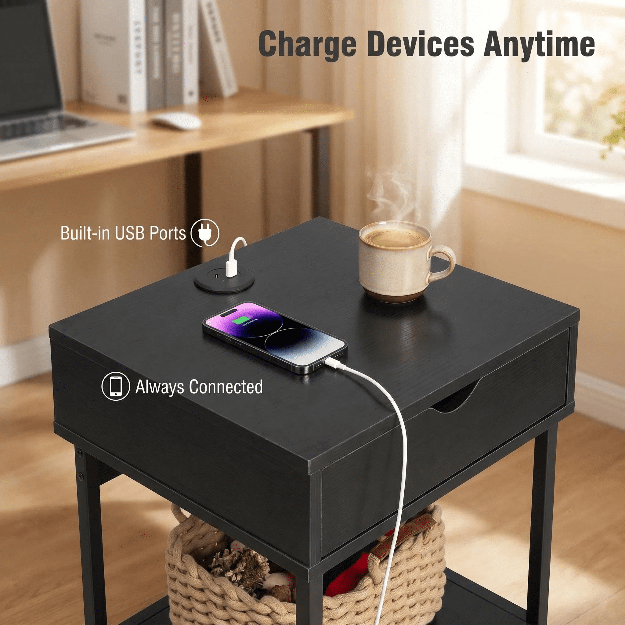 JJS Side End Table, Nightstand, Bedside Table with Drawer and Storage Shelves, Sofa Table for Living Room, Bedroom, Accent Furniture, Easy Assembly, Black