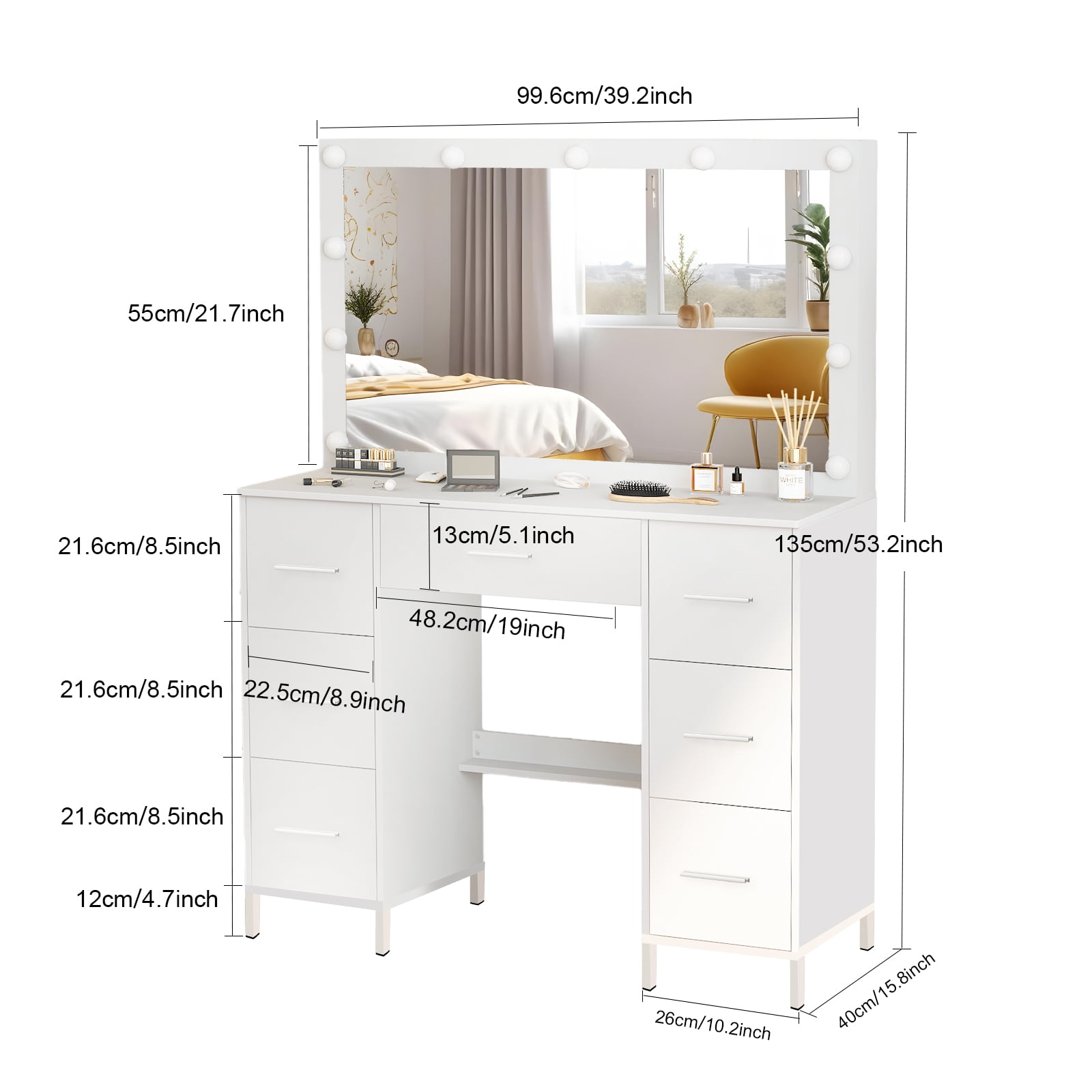 JBLCC Vanity Desk with Mirror and Lights, 7-Drawer Makeup Vanity Table with Hollywood Bulbs for Bedroom, Dressing Table for Women & Girls, White