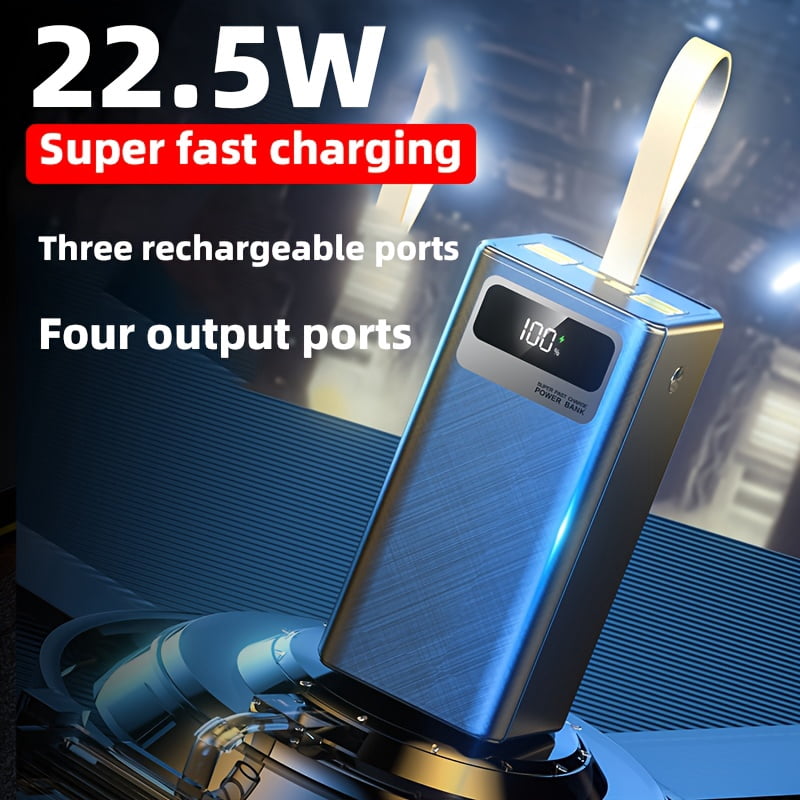 A 100000Mah Power Bank with 22.5W Super Fast Charging, Large Capacity, Intelligent Digital Display Screen, Leather Hanging Rope,Outdoor Camping LED Light,Travel Backup Power Supply,Suitable for Phone