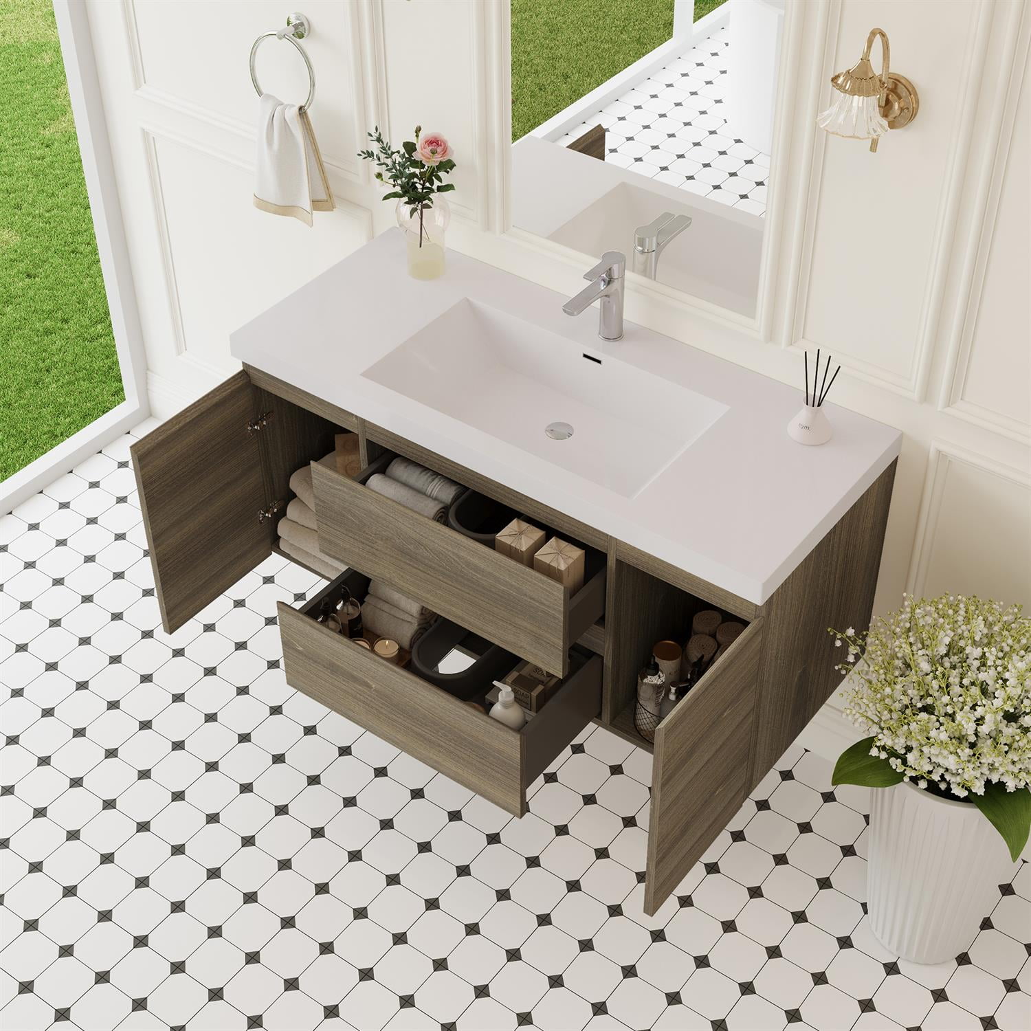 Demi Bonn 48" Floating Bathroom Vanity with Sink, Resin Top Basin and 2 Soft Close Drawers, 2 Storage Cabinet, Faucets and Drains Not Included, Gray