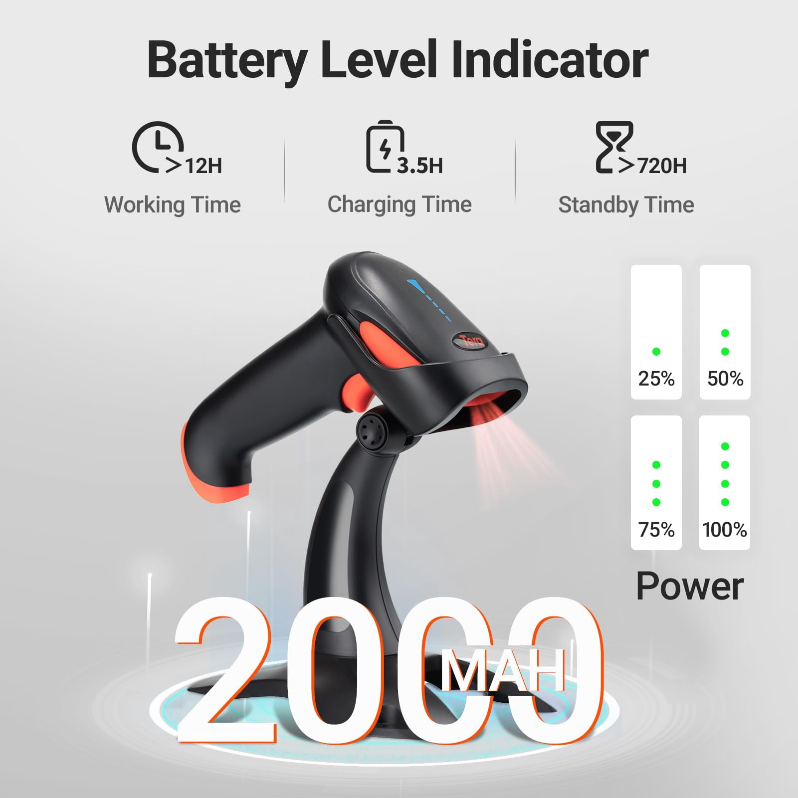 Tera Pro 2D QR Wireless Barcode Scanner Battery Level Indicator with Vibration Alert, Model HW0002