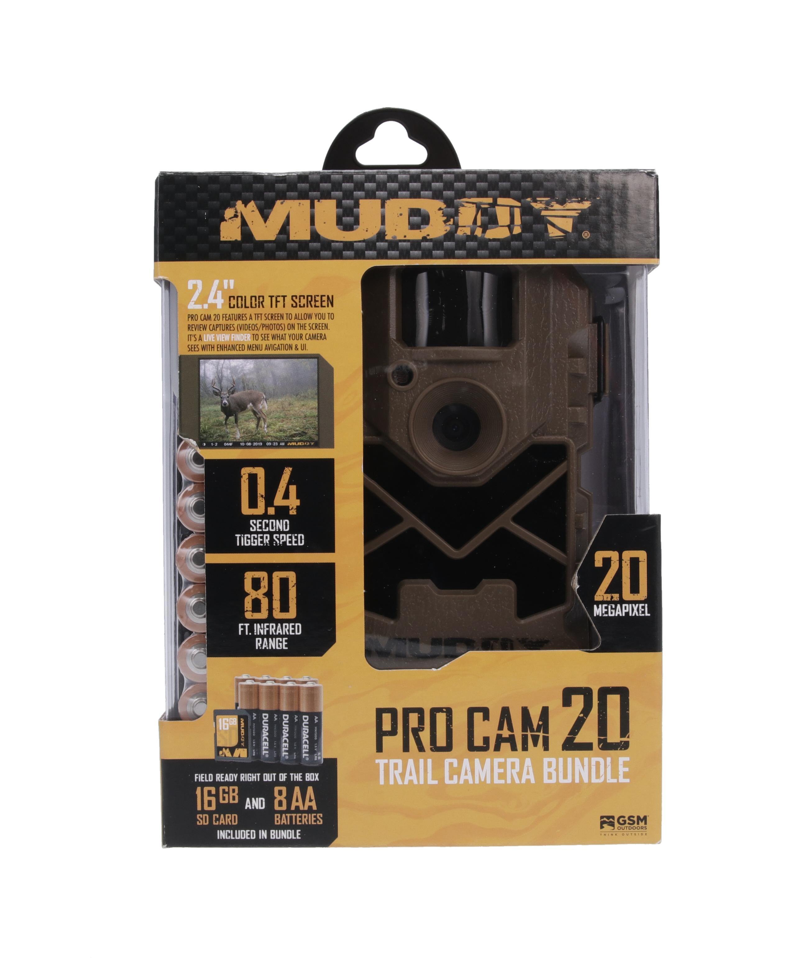 Muddy Pro Cam 20 Combo - 20 MP & 720 Video at 30FPS 0.5 Sec Trigger Speed 80Ft Detection IR Range Durable Hunting Outdoor Scouting Trail Camera, 8 AA Batteries & 16GB SD Card Included