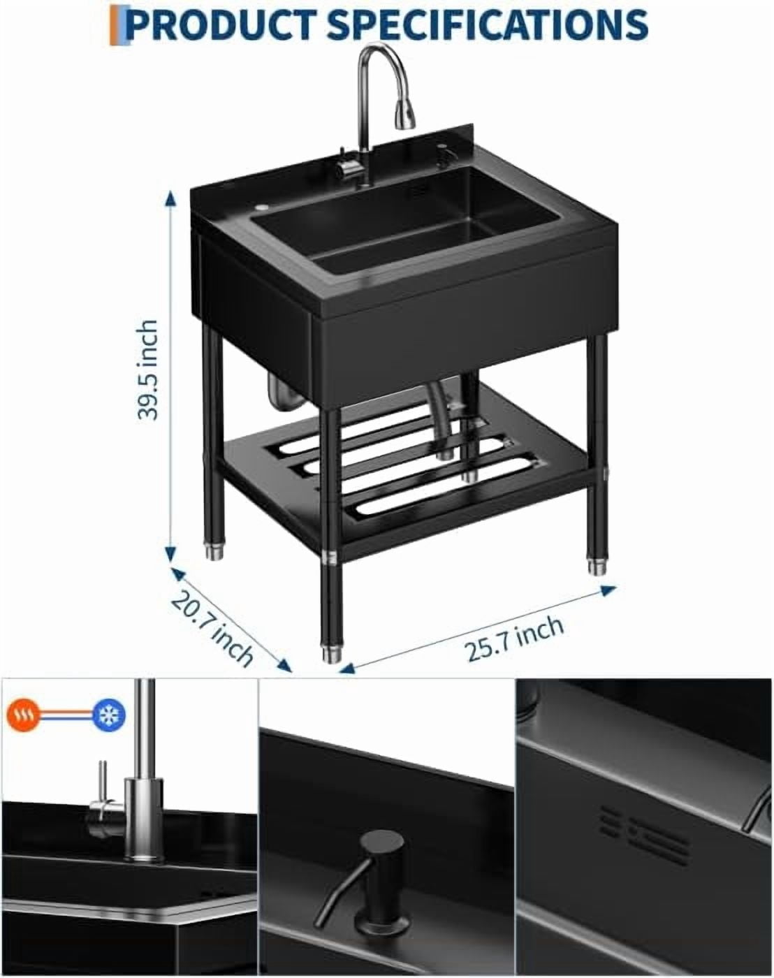 Stainless Steel Utility Sink,Freestanding Deep Basin Work Sink,Heavy-Duty Industrial Sink with Splash for Garage Workshop Laundry Room & Man Cave,Black,25.7" × 20.7" × 39.5"