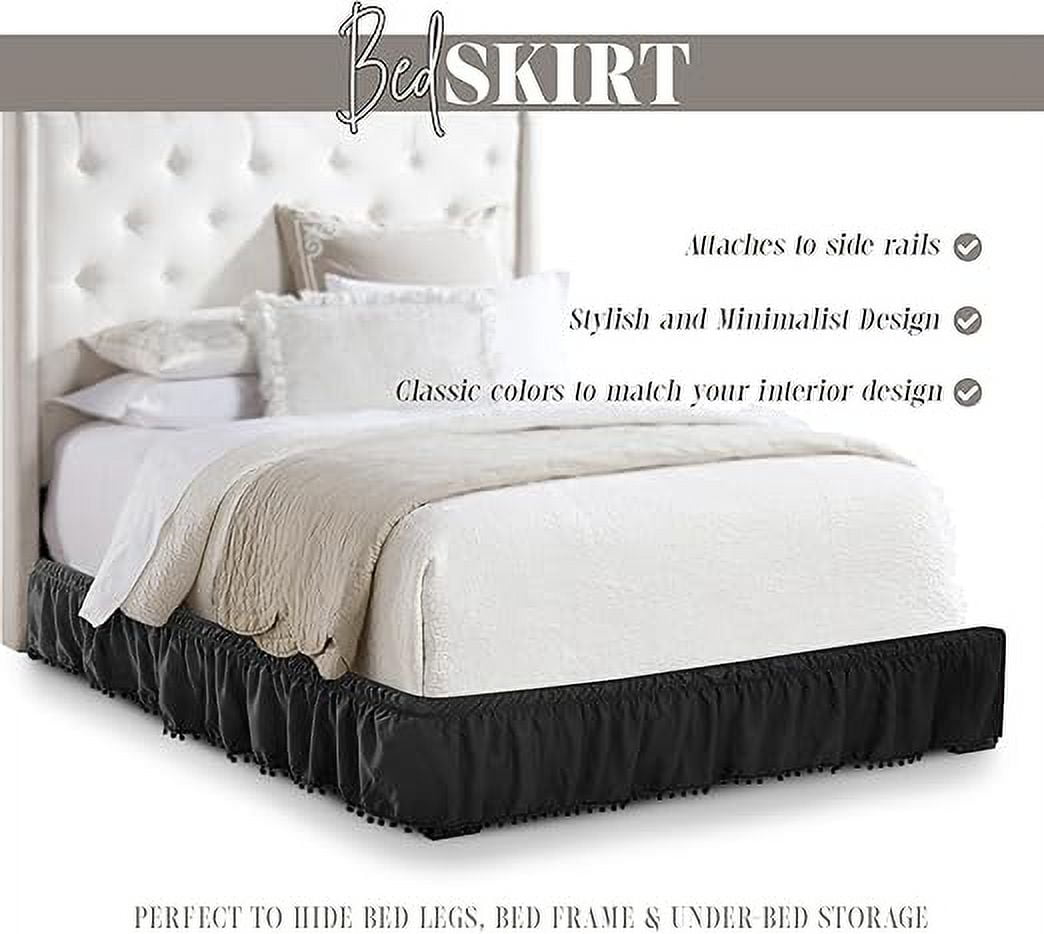 Elegant Comfort Ella Collection 1-Piece Pom-Pom Bed Skirt - 16-Inch Drop, 1500 Thread Count, Easy Wrap Around Elastic, Wrinkle Resistant, Queen/King, Black of Night