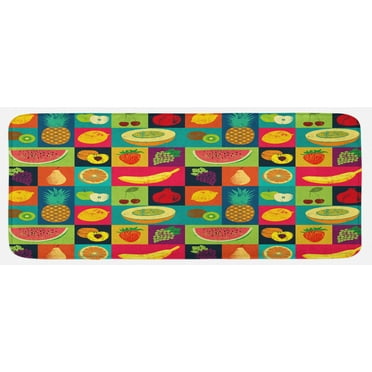 Retro Kitchen Mat, Pop Art Grunge Style Fruits Colorful Vintage Set Organic Style Food Vegan Pattern, Plush Decorative Kitchen Mat with Non Slip Backing, 47" X 19", Multicolor, by Ambesonne