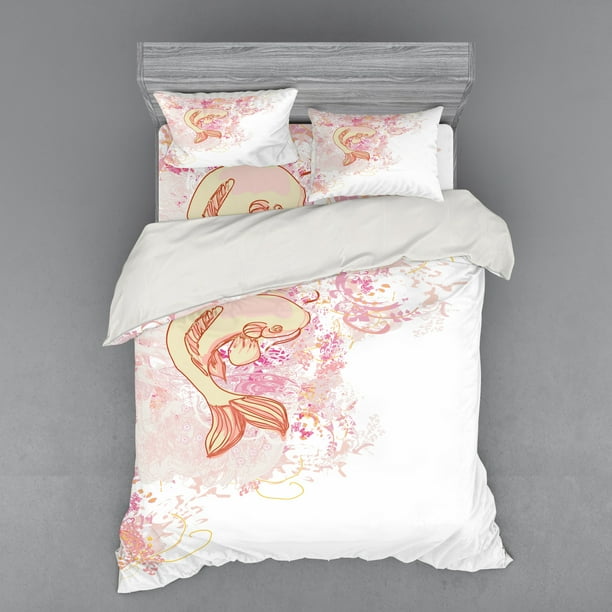 Japanese Duvet Cover Set, Koi Fish Classic Reflexive Splashed Setting Love Themed Exotic