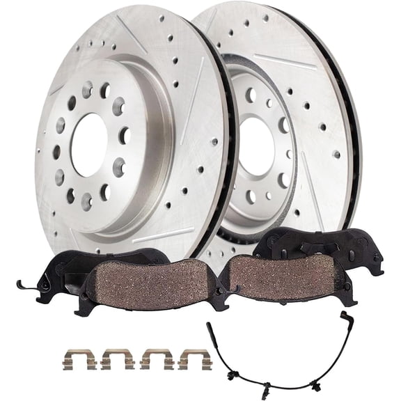 Detroit Axle - 4pc Rear Brake Kit for Chevrolet Traverse Blazer GMC Acadia Buick Enclave Cadillac XT5 XT6, Drilled and Slotted Disc Brake Rotors Ceramic Brakes Pads Replacement: 12.40" inch Rotor