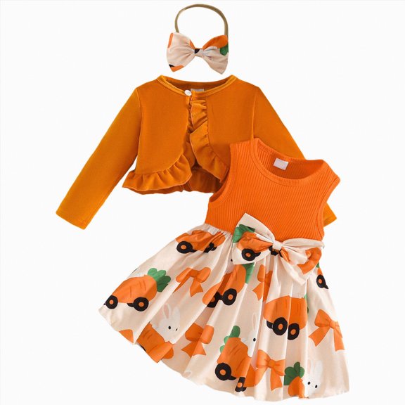 Toddler Baby Girls Easter Outfits Sleeveless Flower Print Dress Long Sleeve Ruffle Coat Bow Headband Clothing sets